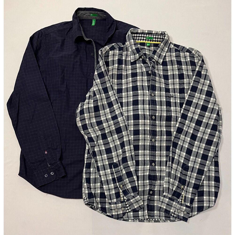 Lot of 2 United Colors of Benetton Men's Slim Fit Button Ups Size L Plaid / Navy
